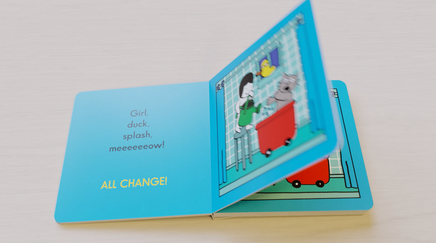 Niña, gato, agua, pato